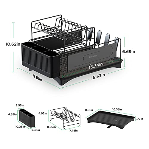 Dish Drying Rack, BASSTOP 2 Tiers Dish Rack Drainboard Set, 16” x 12.4