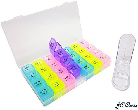 7 Day Weekly Pill Organizer Case Box Large 4 Times a Day AM PM Individual Removable Detachable Daily Container Vitamin Fish Oil Supplements Medication Portable Travel with Splitter Cutter (Value Pack)