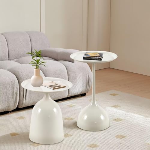 Coffee Table, Black Metal End Table for Living Room, Round Side Table, Bedside Table, Mid Century Circle Accent Table for Small Spaces Easy Assembly Modern Coffee Table for Bedroom Living Room (White)