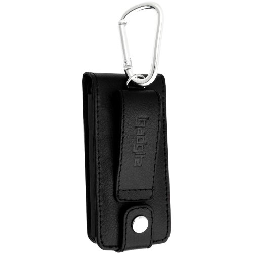 iGadgitz Black Leather Case for Sony Walkman NWZ-E384 with Detachable Carabiner + Screen Protector