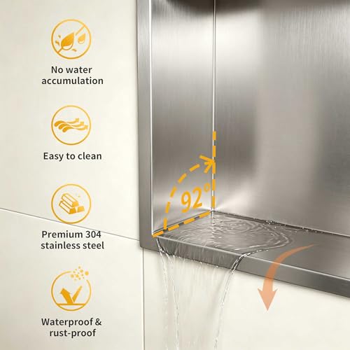 Bernkot Wall Mounted Shower Niche Stainless Steel 45 x 30 x 10 cm Wall Mounted Niche Bathroom Shelf Brushed Silver
