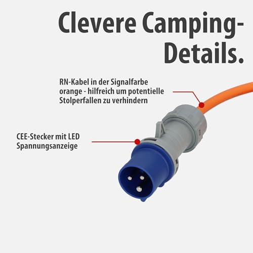 Brennenstuhl Cable reductor Camping con enchufe CEE y acoplador de conexión a tierra (cable de 1,5 m en naranja, H07RN-F 3G2.5, 230V/16A, para uso permanente en exteriores IP44, fabricado en Alemania)