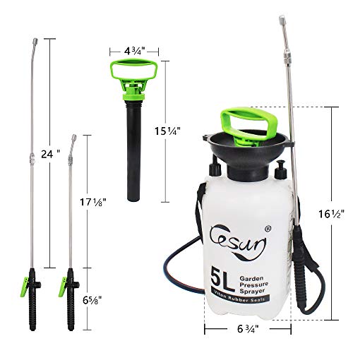 Cesun 1.3 Gallon Viton Pump Pressure Sprayer for Lawn and Garden, Multi-Purpose Sprayer with Telescoping Stainless Steel Wand, Pressure Relief Valve, Adjustable Shoulder Strap (5L Viton)