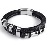 KONOV Leather Mens Bracelet Stainless Steel Charms Clasp, Black Silver - 8