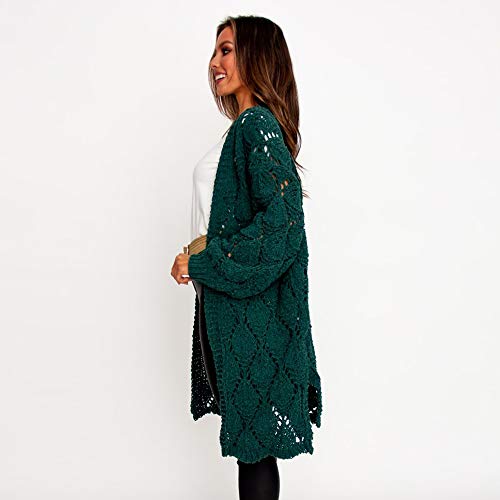 PRETTYGARDEN Women’s Elegant Solid Open Front Lantern Long Sleeve Hollow Out Side Split Chunky Knitted Long Outwear Coat (Green, Small)