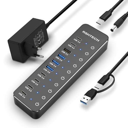 USB Powered Hub, RSHTECH USB 3.2/USB-C 10 Ports Hub with 3X 10Gbps Data Port (2C+1A), 7X 5Gbps 3.0 Ports (4C+3A), 12V/5A 60W Power Supply, Individual Touch Switches USB Hub, RSH-ST10C-6