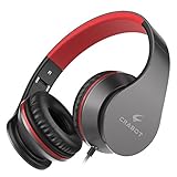 Headphones, Crabot I65 On-Ear Stereo Sound Bass Wired Portable Foldable Headsets with Microphone and Volume Control for iPhone iPad Android Smartphones Laptop Tablet for Kids or Adults (Grey Red)