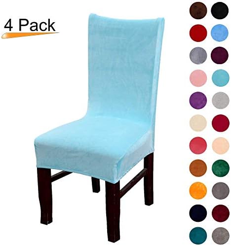 Velvet Stretch Spandex Plush Dining Chair Slipcovers -Chair Covers Solid Large Dining Room Chair Protector Home Decor (Lake Blue, Pack of 4)