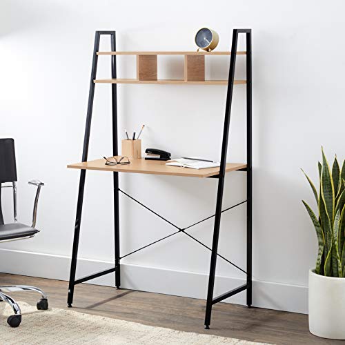 Offex Home Office Black Ladder Steel Frame Desk with Wooden Bookcase Above - Thumbnail 2