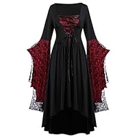 Hadeflia Halloween Womens Dress Retro Skull Lace Bell Sleeve Party Dresses Vintage Bandage Long Costume Plus Size L-5XL Black