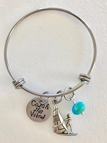 Windsurfing Bangle, Windsurfer Bracelet, Pewter Windsurfing Charm, Windsurfer Gift, Cultured Czech Blue Sea Glass, Adjustable Stainless Steel Bangle.