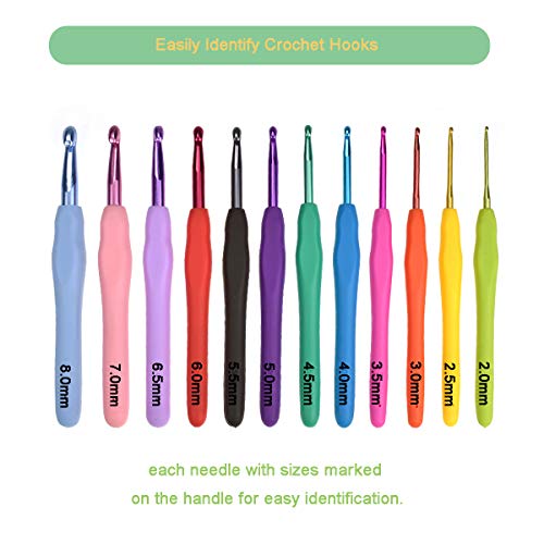 KOKNIT 12pcs Rainbow Color Ergonomic Soft Handles Grip Aluminum Crochet Hooks Set Smooth Knitting Needle 2.0mm-8.0mm for Arthritic Hands Any Size Yarn Pattern