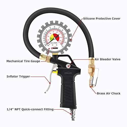 Oasser Tire Inflator with Pressure Gauge 170PSI Tire Gauge Inflator Air Compressor Accessories with Brass Air Chuck Quick Connect Coupler