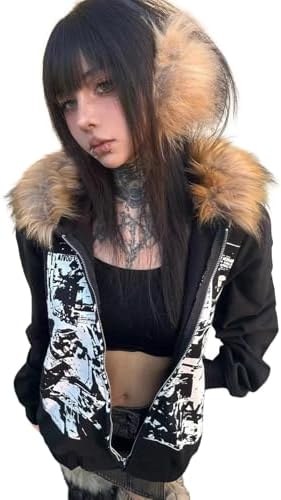 Y2k Hoodie Zip Up Fur Collar Retro Hooded Sweatshirt Grunge