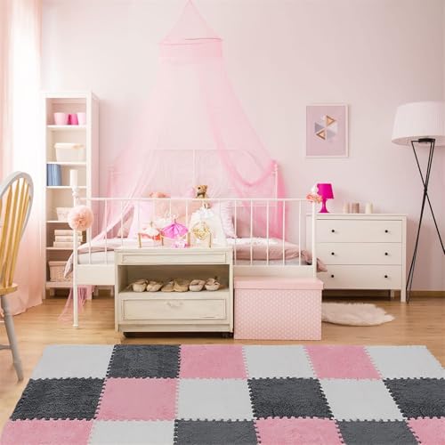 AM ANNA 12 Pcs Plush Interlocking Carpet Tiles，Soft Non-Toxic Foam Carpet Tiles for Toddler Baby，Machine-Washable，Anti-Slip，EVA Foam Interlocking Tiles for Floor, Nursery (Pink Grey White, 12 Pcs)