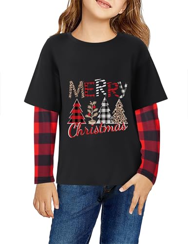 Arshiner Girl Merry Christmas Shirts Long Sleeve Buffalo Plaid Graphic Tees Tops Cute Tee Patchwork Top Christams Black Trees 3-4 Years at Amazon