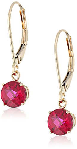 10k Yellow Gold Round Checkerboard Cut Created Ruby Leverback Earrings (6mm)