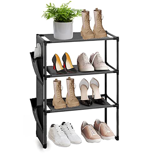 ivaxdayuqan Zapatero, zapatero, 3 niveles, negro, zapatero, estrecho, con 2 bolsillos laterales, organizador de zapatos para armario, pasillo, dormitorio, entrada, salón, ahorra espacio