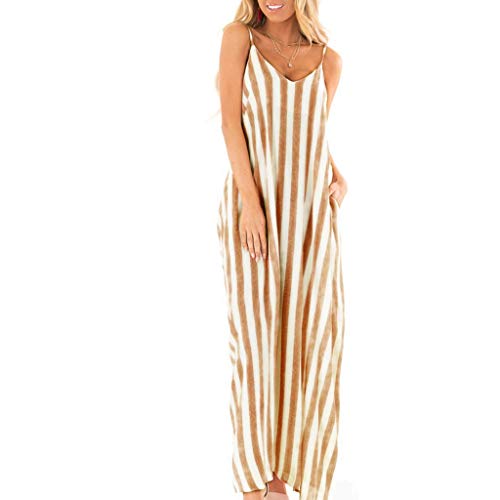 Todaies Women's Striped Long Dress,Summer Holiday Strappy Boho Beach Maxi Sundress (L, Yellow)
