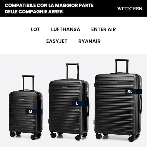 Skyspeed Line Set di 3 valigie Valigia da viaggio Rolling Trolley Bagaglio a mano rigide in ABS con serratura a combinazione Manico telescopico 4 ruote Nero Ryanair/ITA Airways