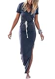 LXS STORE Women Sexy V Neck Casual Beach Club Maxi Dress Short Sleeve Long Dress