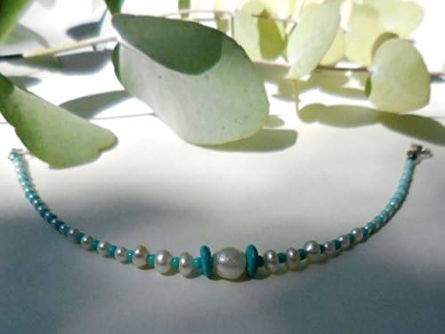 Bracelet, Beaded, 7 cultured pearls, turquoise blue seed beads and rondels, tiny faux pearls, silver tone findings, Boho, 7 inches of fun