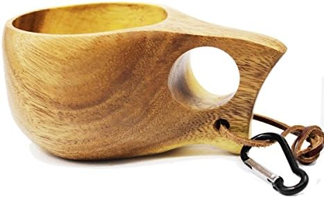 Visual Touch Single Ring Acacia Wood Cup Wooden Camping Mug for Coffee Tea Milk Beer Decoration with Carabiner