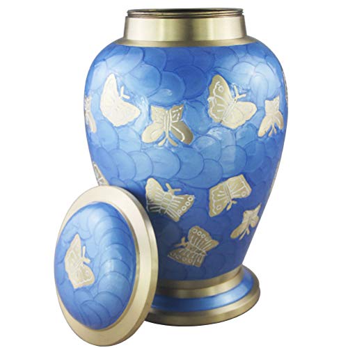 Funeral Cremation Urn for Human Ashes Adult Large and Memorial Urn - Hand Made in Brass & Hand Engraved - Extra Large Cremation Urns for Adults Burial (Golden Butterfly Blue, Funeral Urns for Ashes