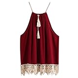 Gillberry Women Lace Trimmed Tasselled Drawstring Blouse Tank Tops T shirt