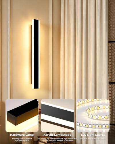 niuniaj Long Indoor LED Wall Light with Remote Control, Dimmable 10%-100%, 3000K/4000K/6000K, Wall Lamp, Modern Wall Light for Terrace Hallway Entrance Villa, 60 cm/15 W, Black | Regulable 10%-100%,3000K/4000K/6000K,Lámpara de Pared Moderno para Terraza Pasillo Entrada Villa,15W,Negro