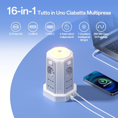 2 M Power Strip with Night Light 12 Universal Sockets 10/16A ITA and Schuko and 3 USB A+1 USB C Overvoltage Protection with 4 Independent Switches for Office, Home