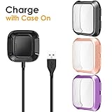 EZCO [3+1 Pack] Screen Protector Plus Charger Compitible with Fitbit Versa, Exclusive Charging Dock Cable (Can Charge Case On) Soft TPU Full Coverage Case Cover Bumper for Versa Watch (Not for Versa 2)