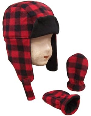 Little Boys and Baby Buffalo Plaid Fleece Trooper Hat Mitten Set