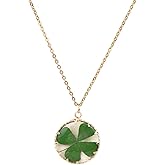 Green Four-Leaf Clover Choker Necklace For Women 14k Gold-Tone Plated Boho Dried Flower Round Glass Pendant Layered Chain Good Lucky Plant Irish St. Patrick's Day Charm Jewelry Gifts For Her Wife