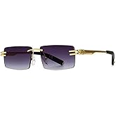 Purple Rimless Gold Metal Frame Rectangle Sunglasses for Women Men Vintage Hip Hop 90s UV Protection Square Gradient Shades Frameless Retro Trendy