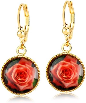 Red Floral Dangle Earrings -Printed Resin Cabochon -24K Gold Coated -By Clecceli