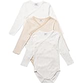 Stellou & friends Newborn, Baby and Toddler Unisex Long-Sleeve Crossbody Kimono Bodysuit for Boys & Girls, Pack of 3