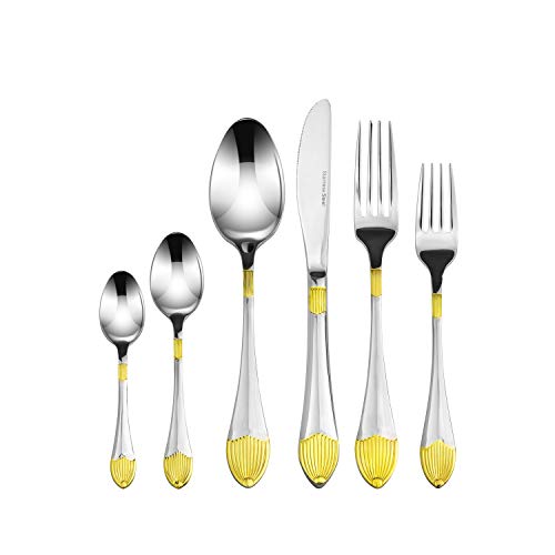 Venezia Collection 75-Pc Luxury Gold Flatware Set for 12 w/Wooden Storage Case, 24 kt Plated Premium Dining Cutlery Service, 18/10 Surgical Stainless Steel Silverware Hostess Serving Set in a Chest