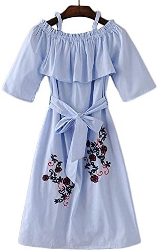 Lin Ya Tou Women Sexy Slash Neck Embroidery Striped Dress Ruffles Fashion Streetwear Dress As Picture L