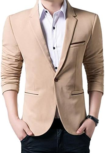 Oberora Mens Slim Fit Single One Button Blazer Linen Jackets Suit Khaki S