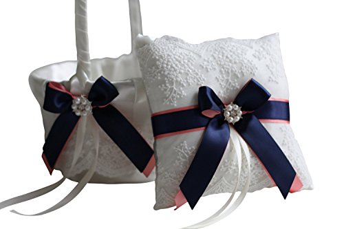 Alex Emotions | Lace Collection | Off White Coral Navy Blue Ring Bearer Pillow & Wedding Basket Set