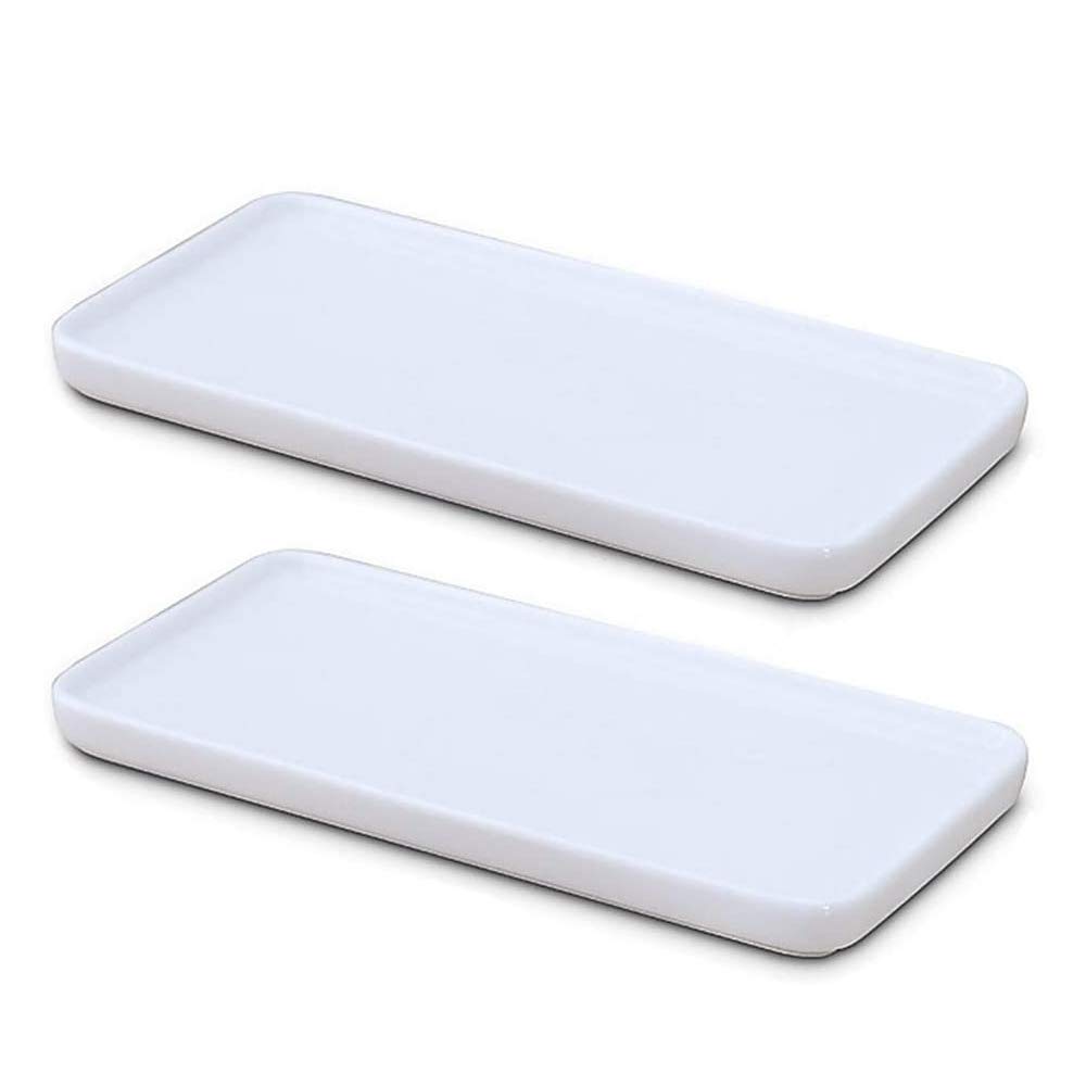 Ceramic Vanity Tray White Rectangle, Bathtub Tray Bathroom Organizer, Cosmetics Holder for Tissue Candle Towel Plant Jewelry Ring Dish Dresser Perfume Shampoo (Small, 2 Pack)