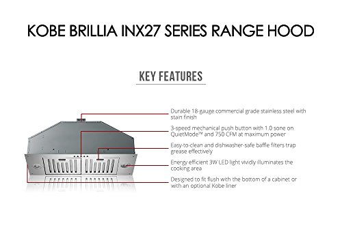 KOBE INX2730SQB-700-2 Brillia 30-inch Built-in/ Insert Range Hood, 3-Speed, 750 CFM, LED Lights, Baffle Filters - Thumbnail 2