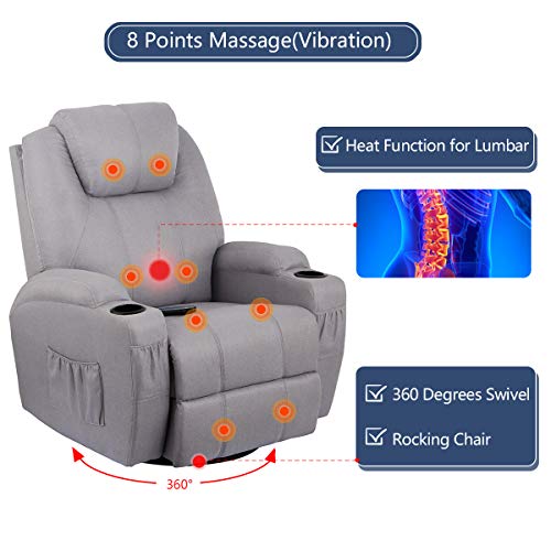 Esright Grey Fabric Massage Recliner Chair 360 Degree Swivel Heated