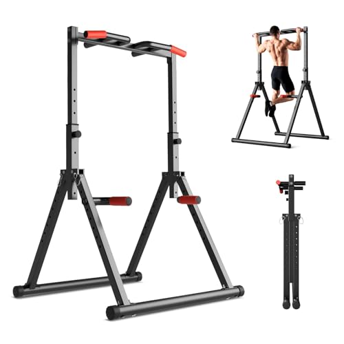 Rabbitstorm Barra de Dominadas Plegable de Torre Eléctrica, Barras Paralelas Calistenia Adjustable, Estación de Barra de Inmersión de Gimnasio en Casa, Estructura Triangular, Capacidad de Peso: 440LBS