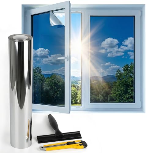 Anti-Glare Window Film Anti Heat Blackout Window Film Tain-Free Anti UV Mirror Film for Home Office Bedroom 40 x 200 cm Silver (Static Adhesive), 60 x 200 cm