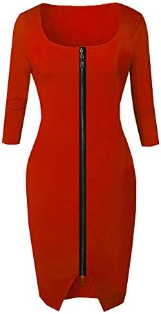 AIRCATMODE Women's Sexy Short Sleeve Casual Bodycon Midi Dress with Front Zipper