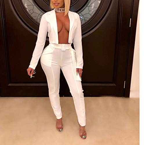 Tracksuit Women Long Sleeve Blazer Jacket Coat and Pants 2 Piece Set Suit Slim Fit Bussiness Coat and Pants Set 2-White Medium - Thumbnail 2