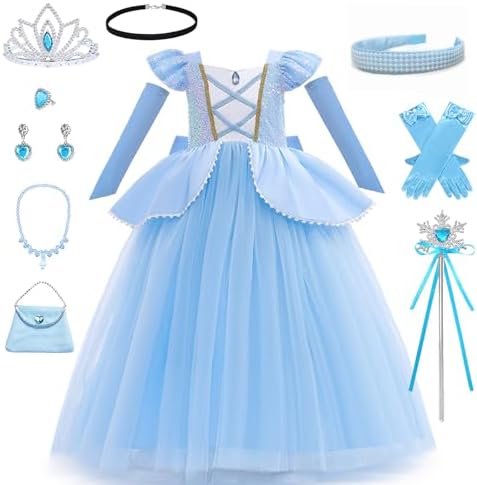 Vestido Y Accesorios De Princesa Aurora – Conjunto De 9 Piezas Con Corona, Cetro, Collar Y Guantes – Disfraz De Bella Durmiente Para Niñas De 3 A 7 Años