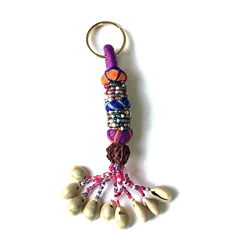 Stylo Culture Bohemian Hand Knitted Keychain Keyrings For Women Boho Multicolored Beads, Cowrie & Rudraksh Gift Silk Thread Key Ring Girls